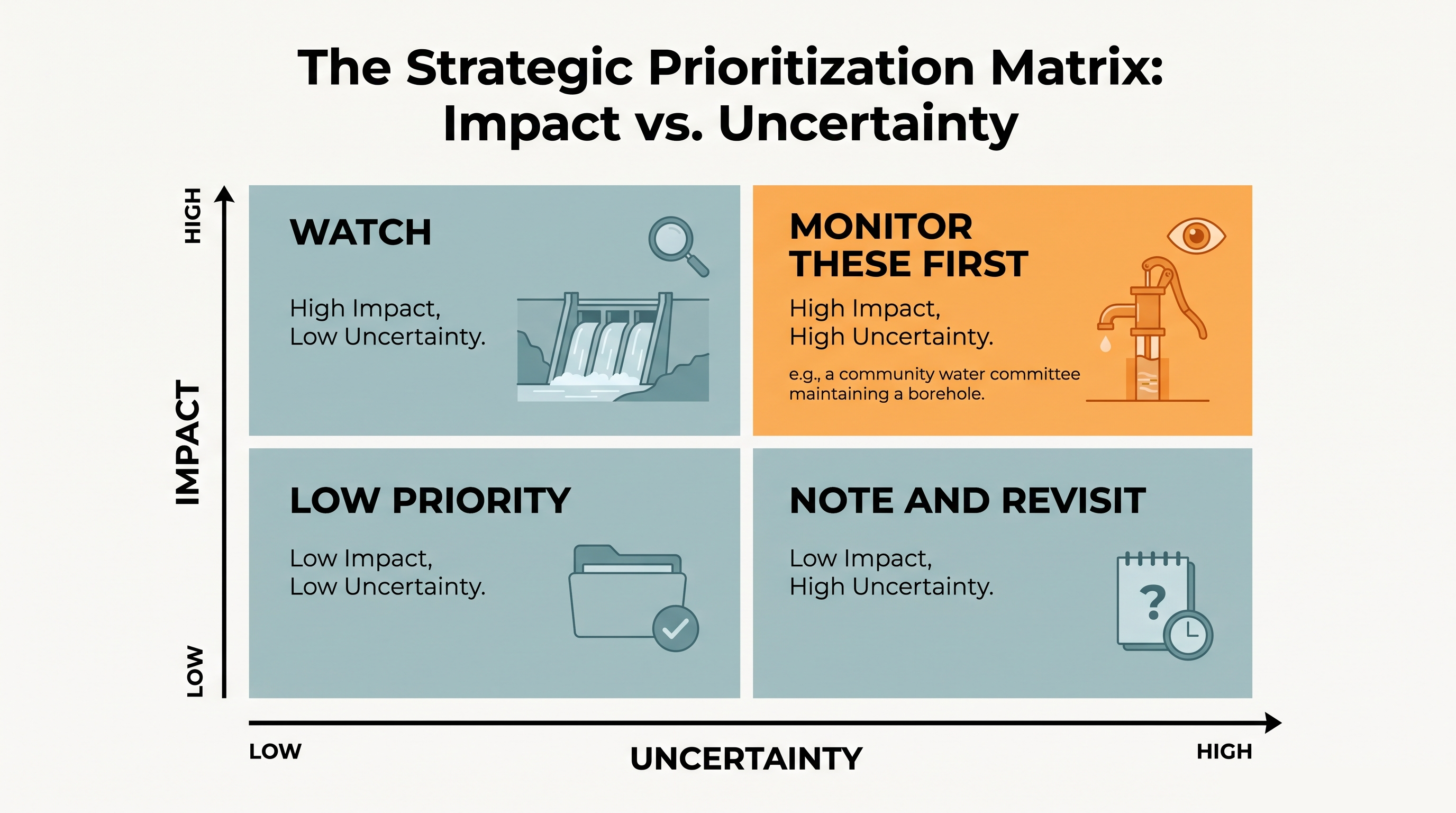 Strategic prioritisation matrix of assumptions by uncertainty and impact