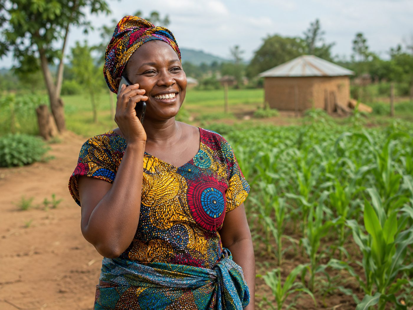 A woman farmer standing beside her maize field, listening to a call on her mobile phone