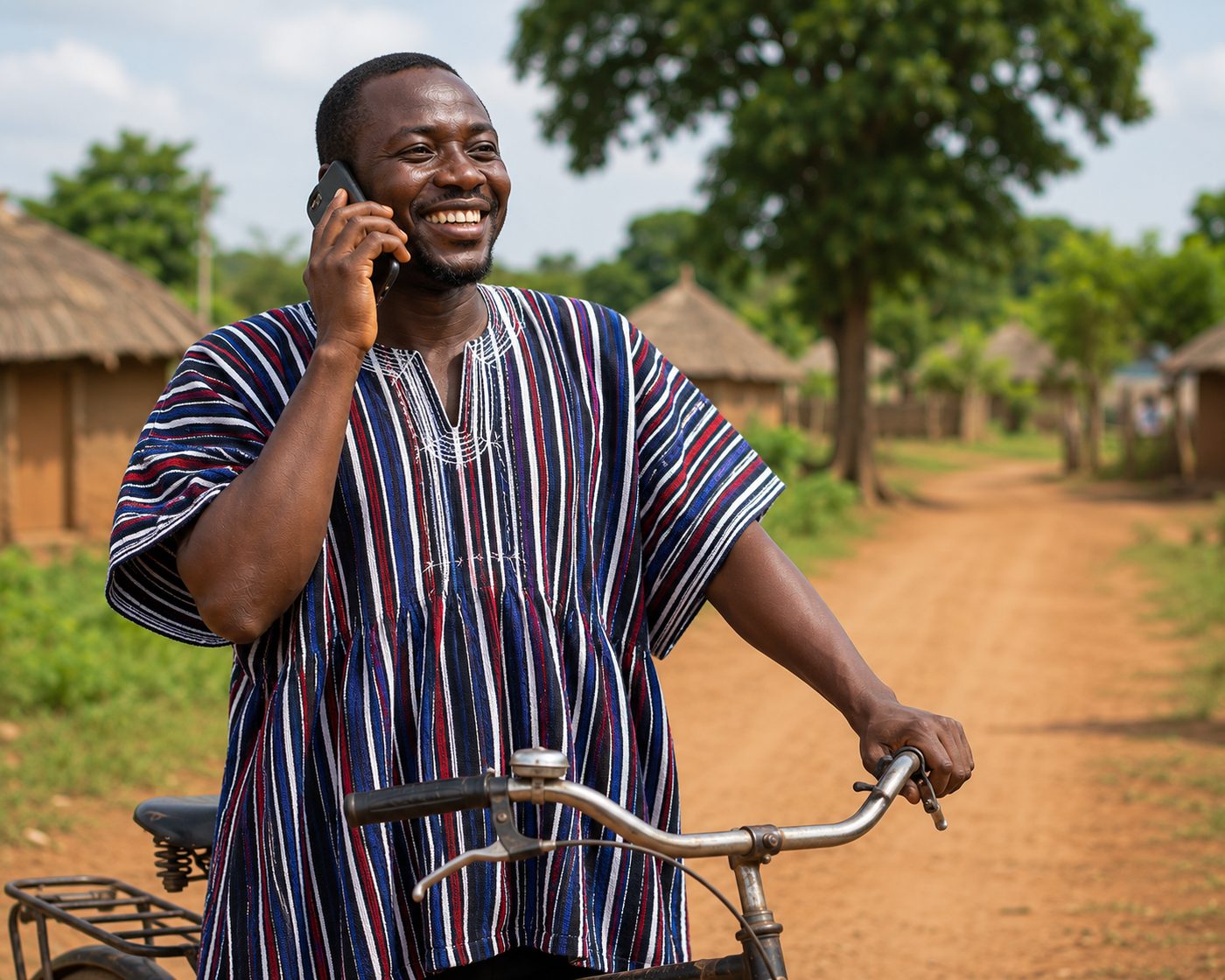 A man in a Northern Ghanaian smock standing with his bicycle on a village road, speaking on a mobile phone